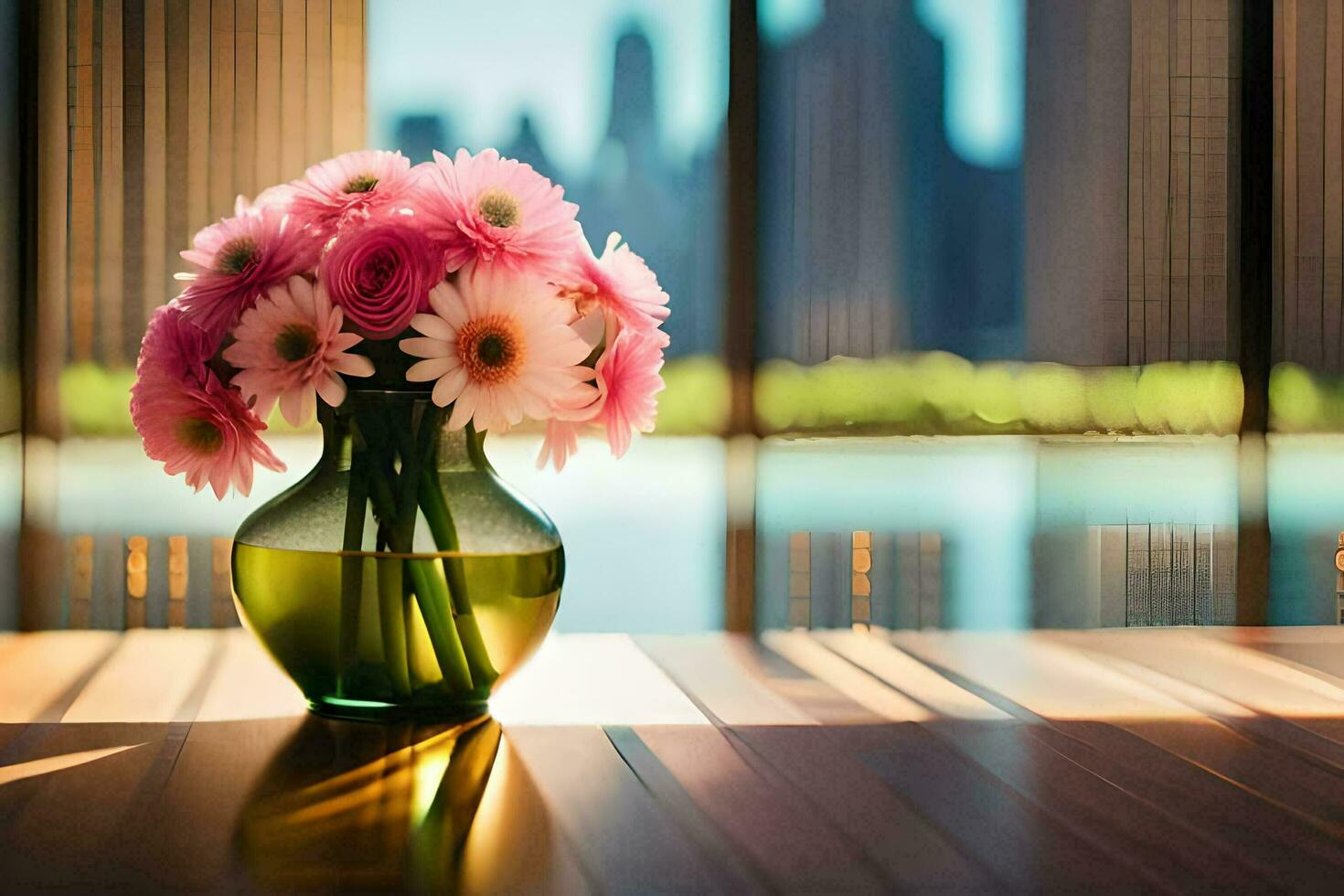 a vase of pink flowers sitting on a table in front of a window. AI-Generated photo