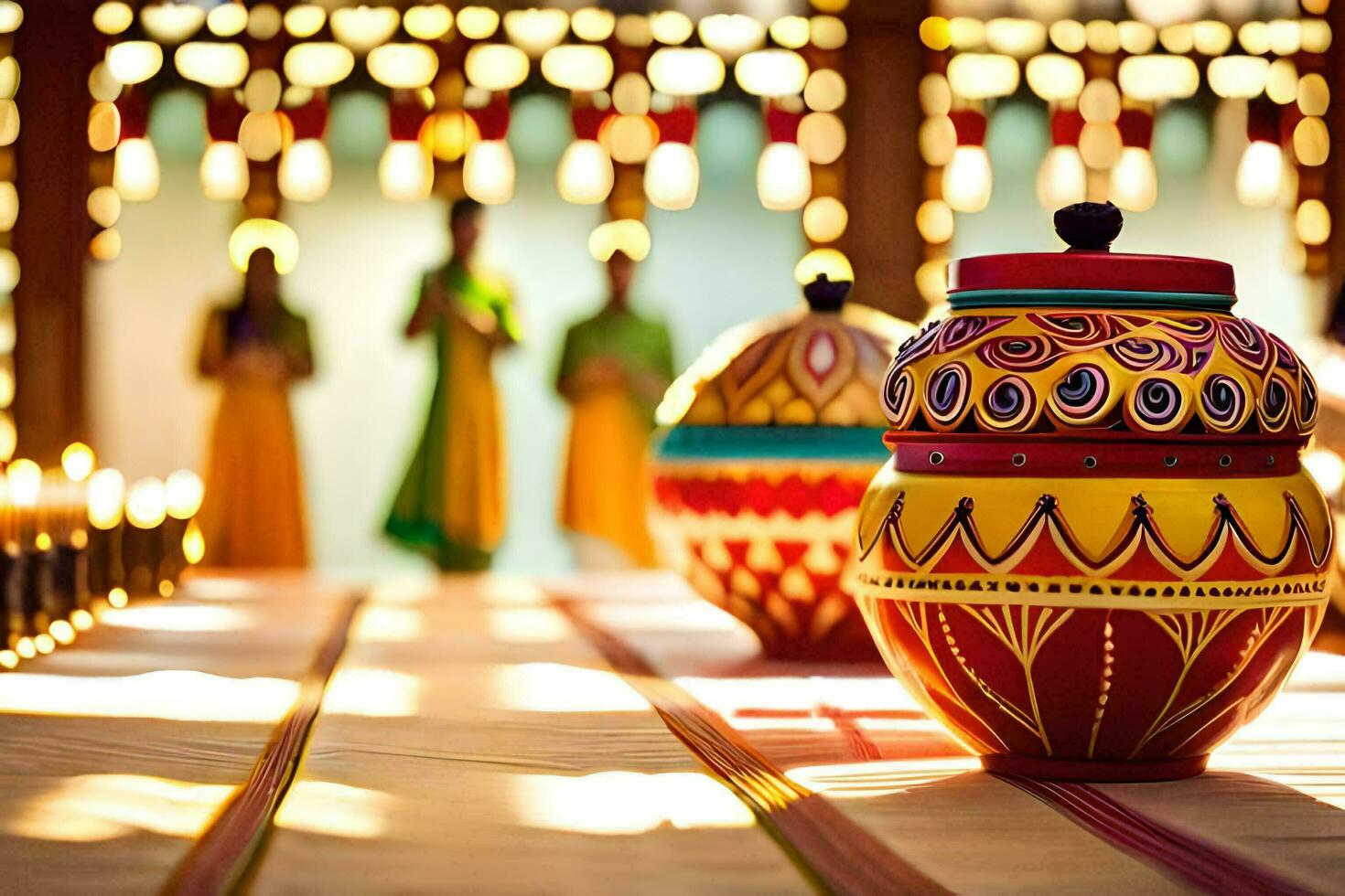 colorful pots and candles sit on a table in front of a group of people. AI-Generated photo