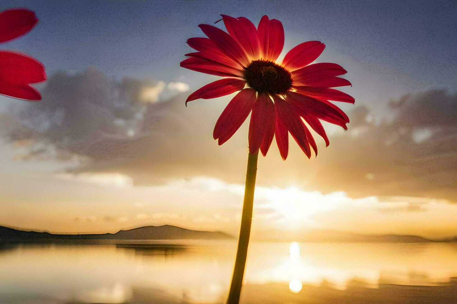 two red flowers are standing in front of a lake at sunset. AI-Generated photo