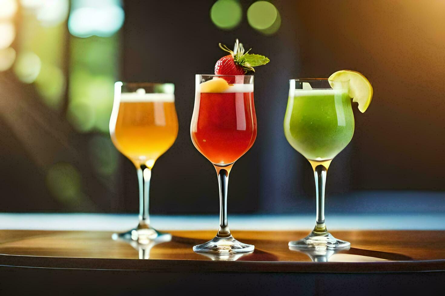 three different drinks in glasses on a table. AI-Generated photo