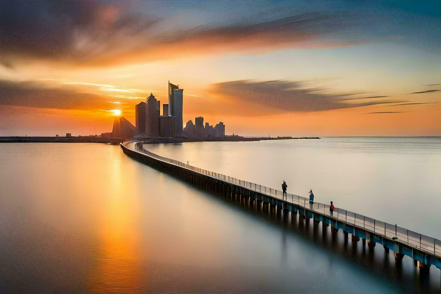 the sun sets over the city skyline and a pier. AI-Generated photo