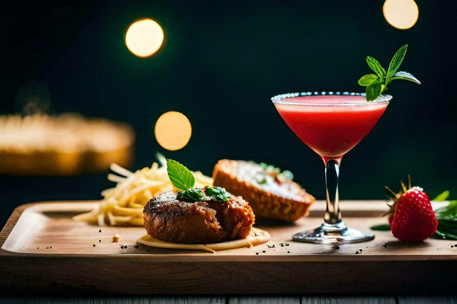 a cocktail and a strawberry on a wooden tray. AI-Generated photo