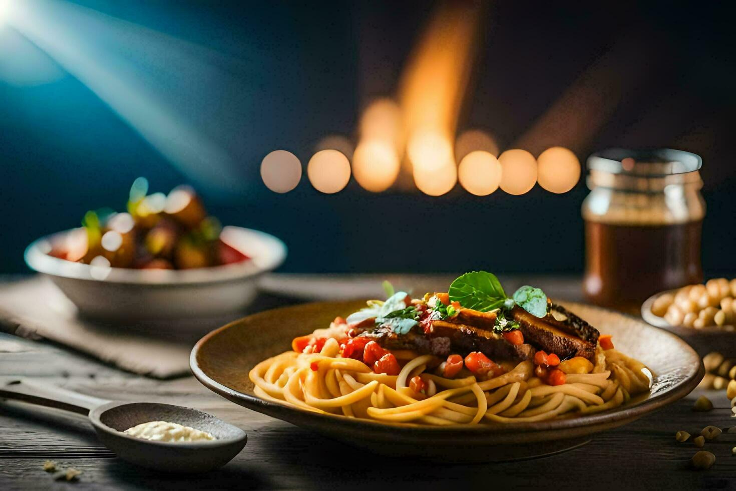 spaghetti with mushrooms and beans in a bowl. AI-Generated photo