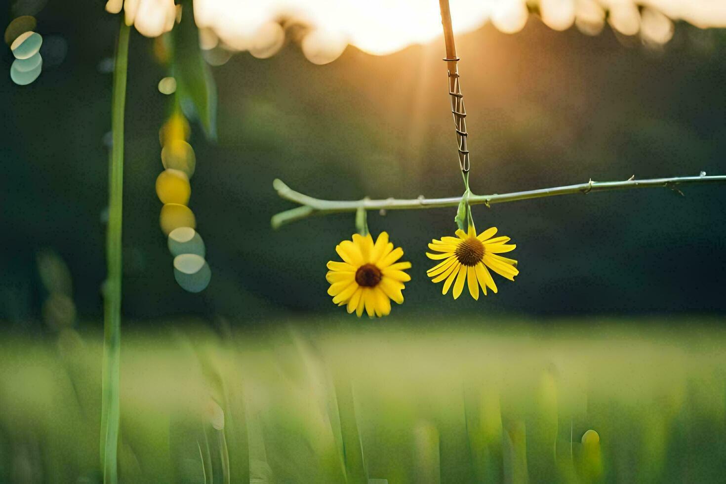 dos amarillo flores colgando desde un rama en un campo. generado por ai foto