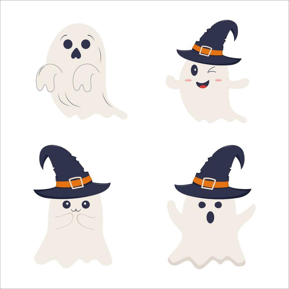 Cute Halloween Ghost set. Flying  ghost using witch hat. Vector illustration.