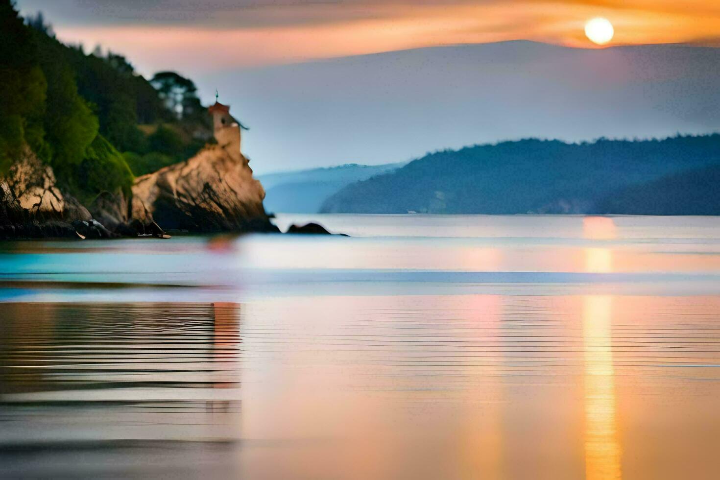 un hermosa puesta de sol terminado el Oceano con un faro en el antecedentes. generado por ai foto