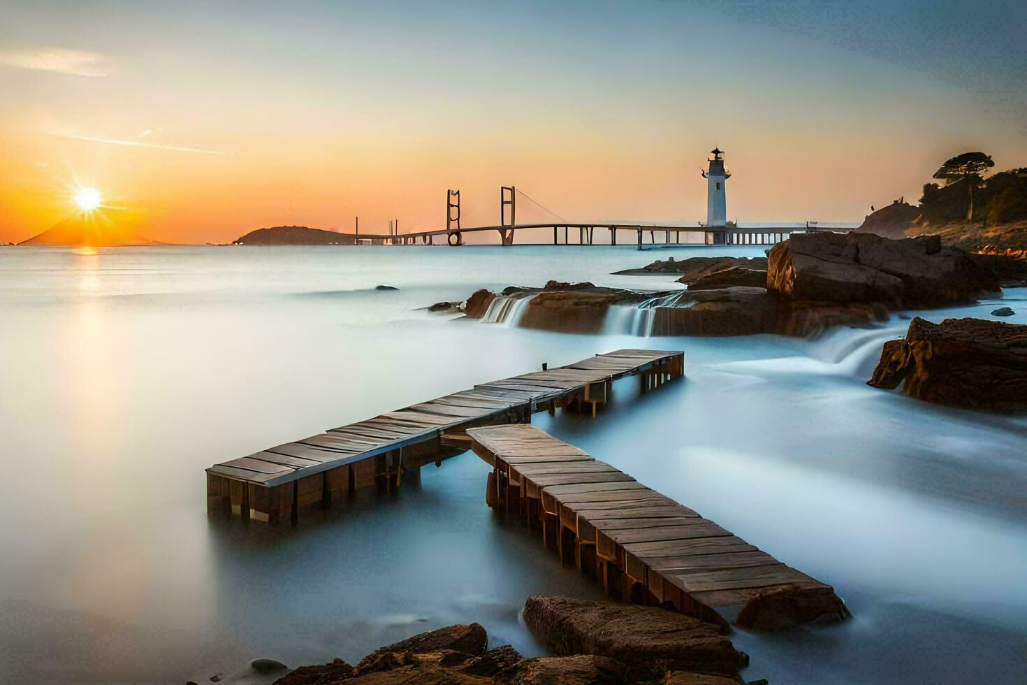 a long exposure photograph of a bridge and a pier at sunset. AI-Generated photo