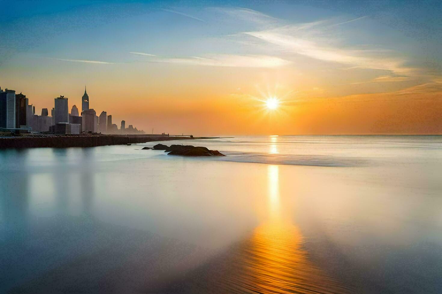 the sun rises over the city skyline in dubai. AI-Generated photo