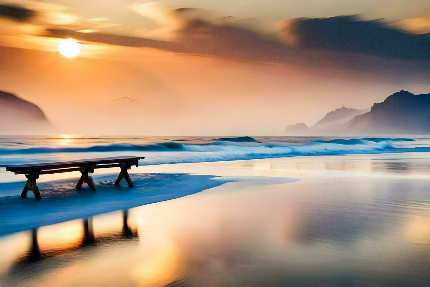 a bench sits on the beach at sunset. AI-Generated photo