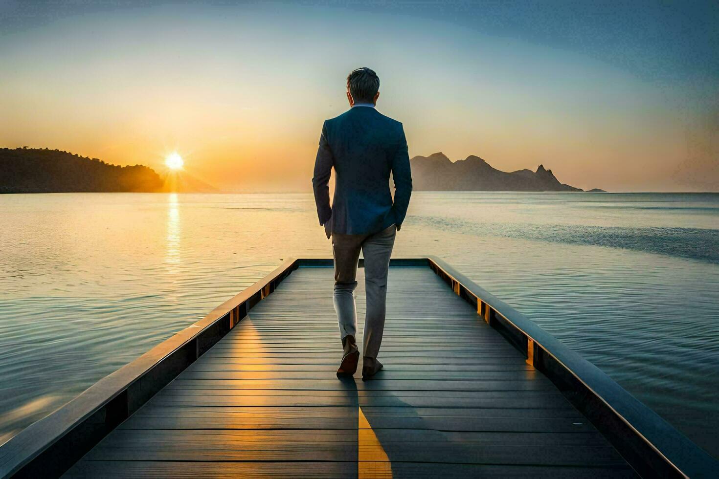 a man in a suit walks on a dock at sunset. AI-Generated photo