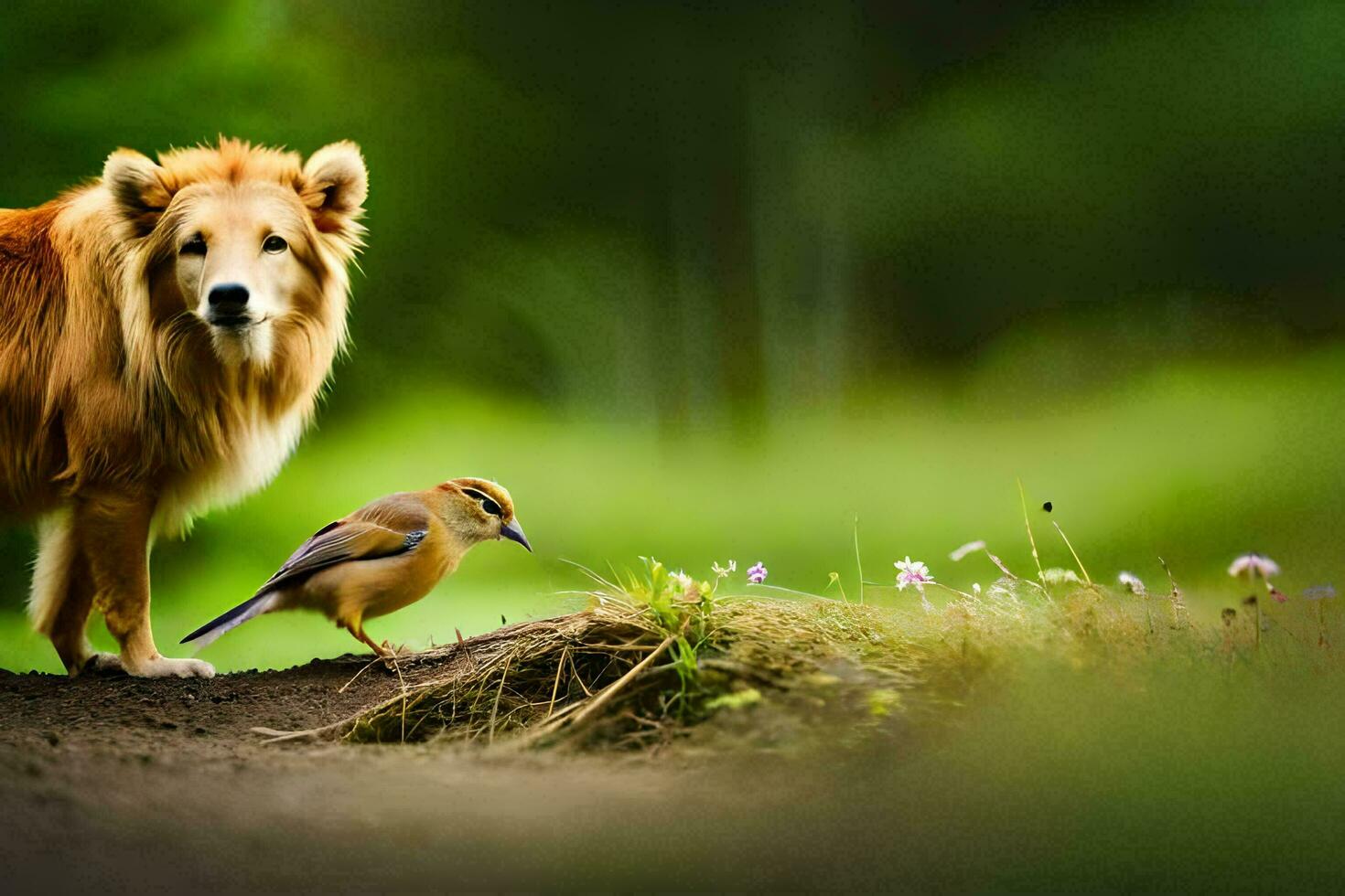 a dog and a bird in the forest. AI-Generated photo