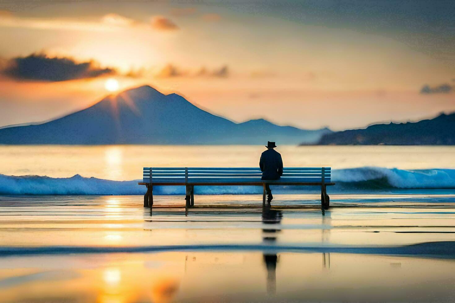 hombre sentado en banco en playa a puesta de sol. generado por ai foto