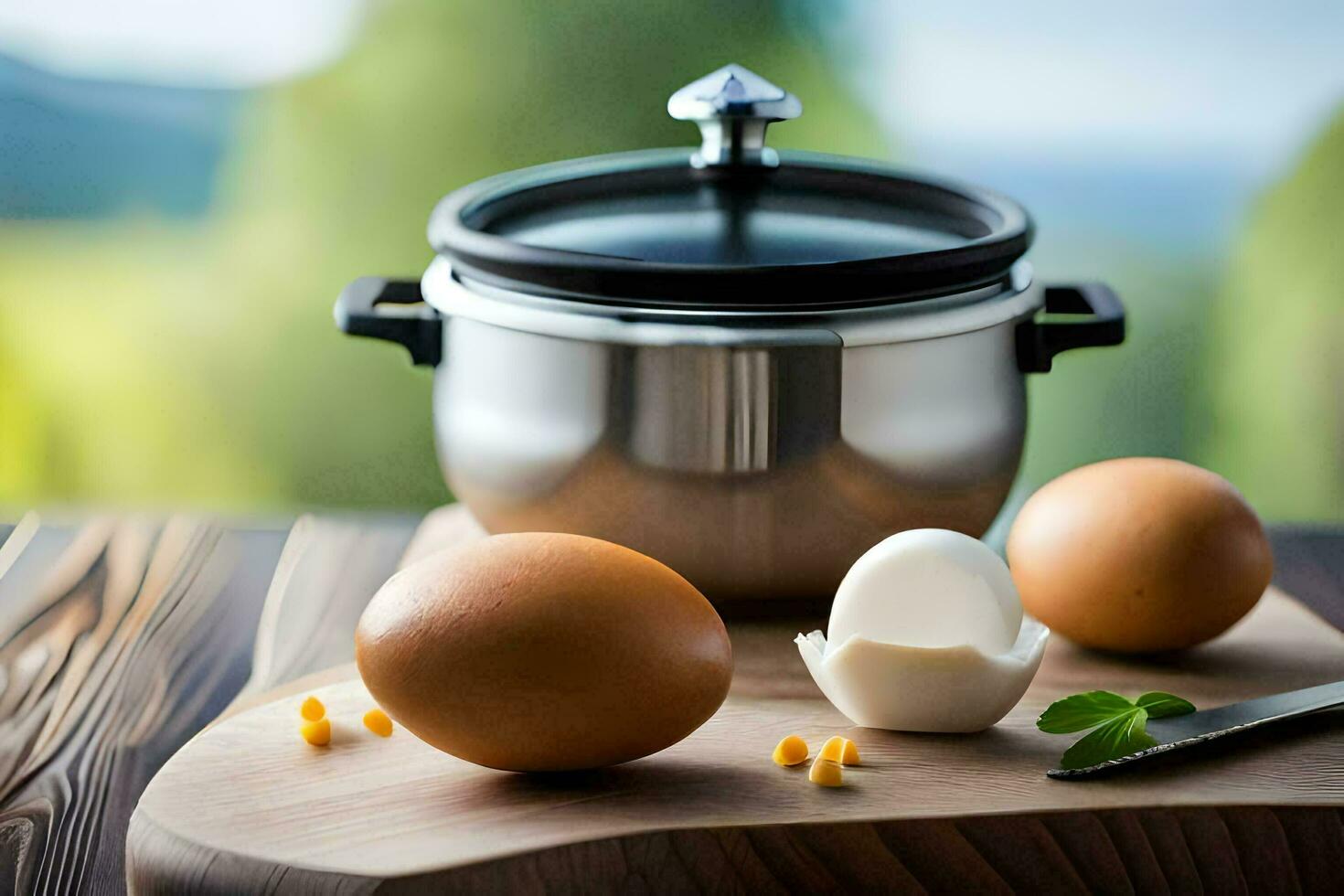 eggs and a pot on a cutting board. AI-Generated photo
