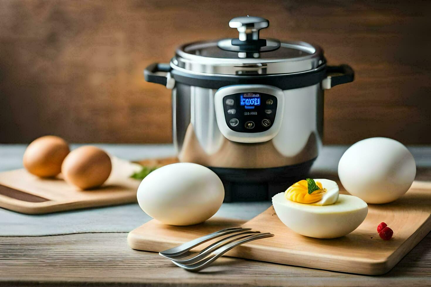 an electric pressure cooker with eggs and a knife. AI-Generated photo