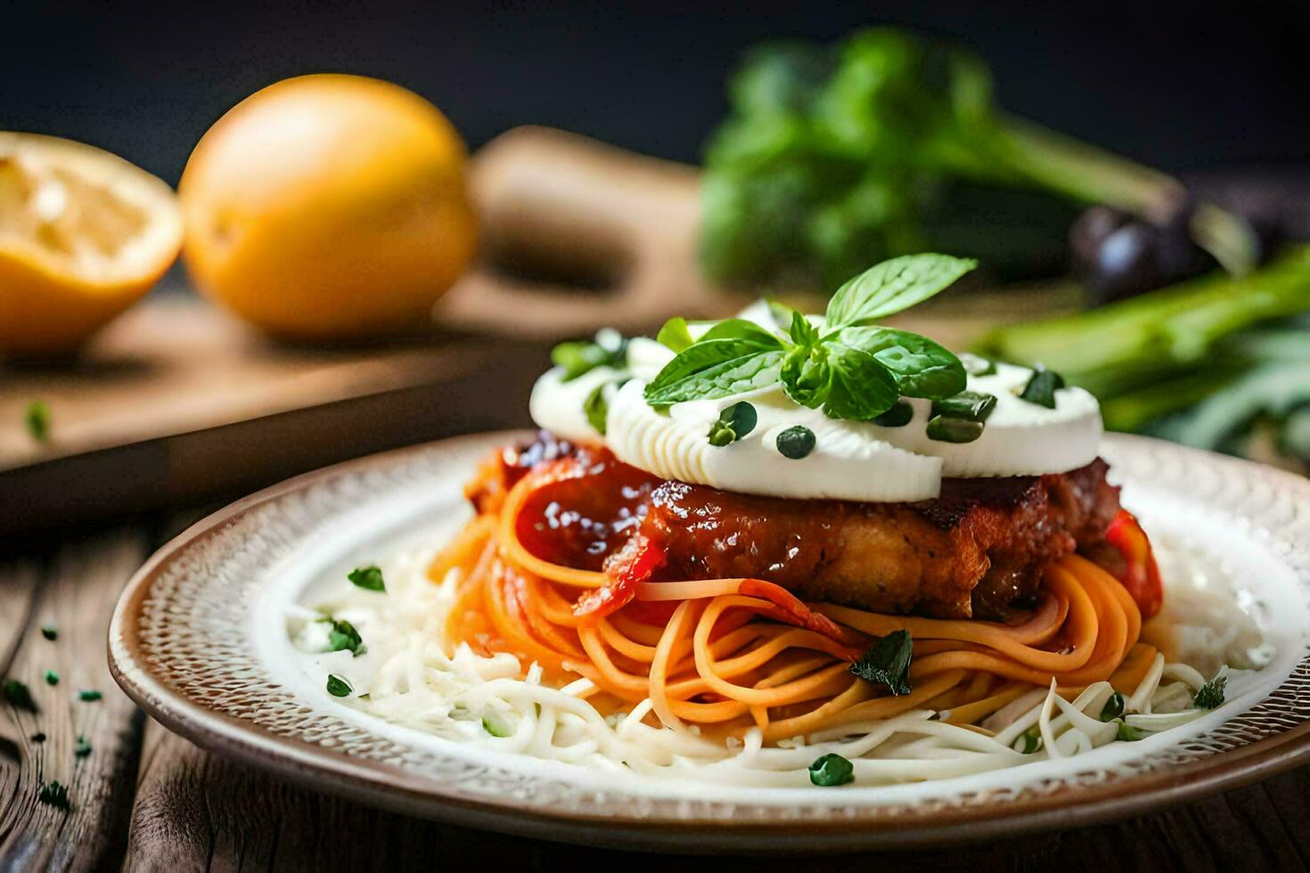a plate of spaghetti with chicken and tomatoes. AI-Generated photo