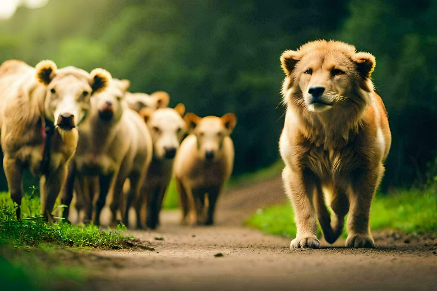 a lion walking in front of a herd of cows. AI-Generated photo