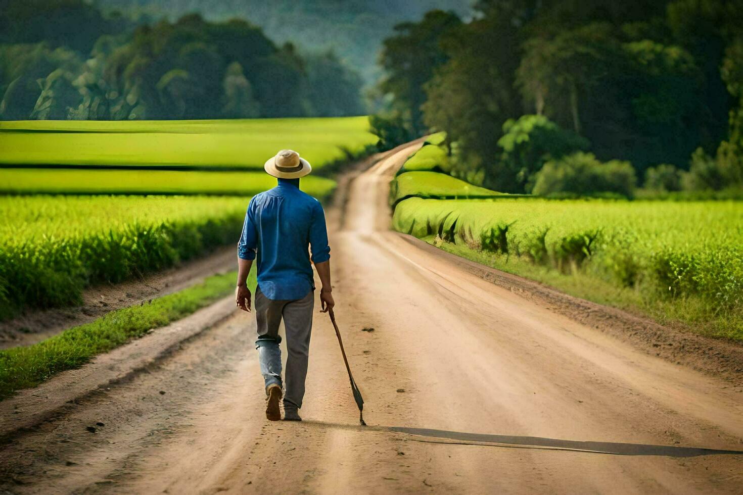 a man walking down a dirt road with a cane. AI-Generated photo