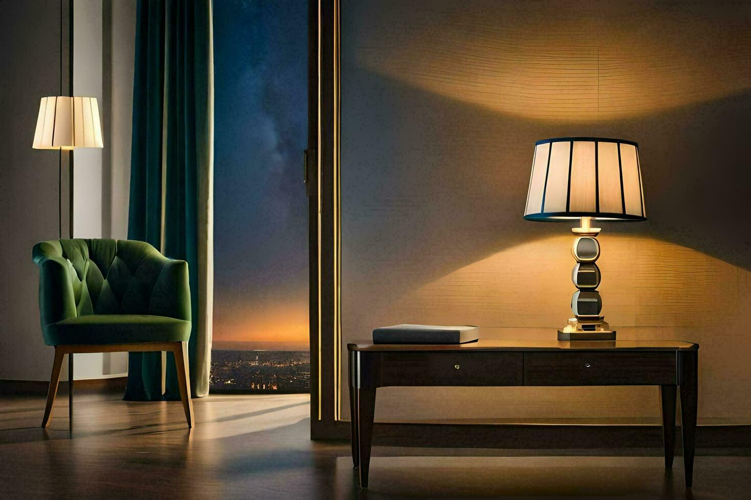 a lamp is sitting on a table next to a chair. AI-Generated photo
