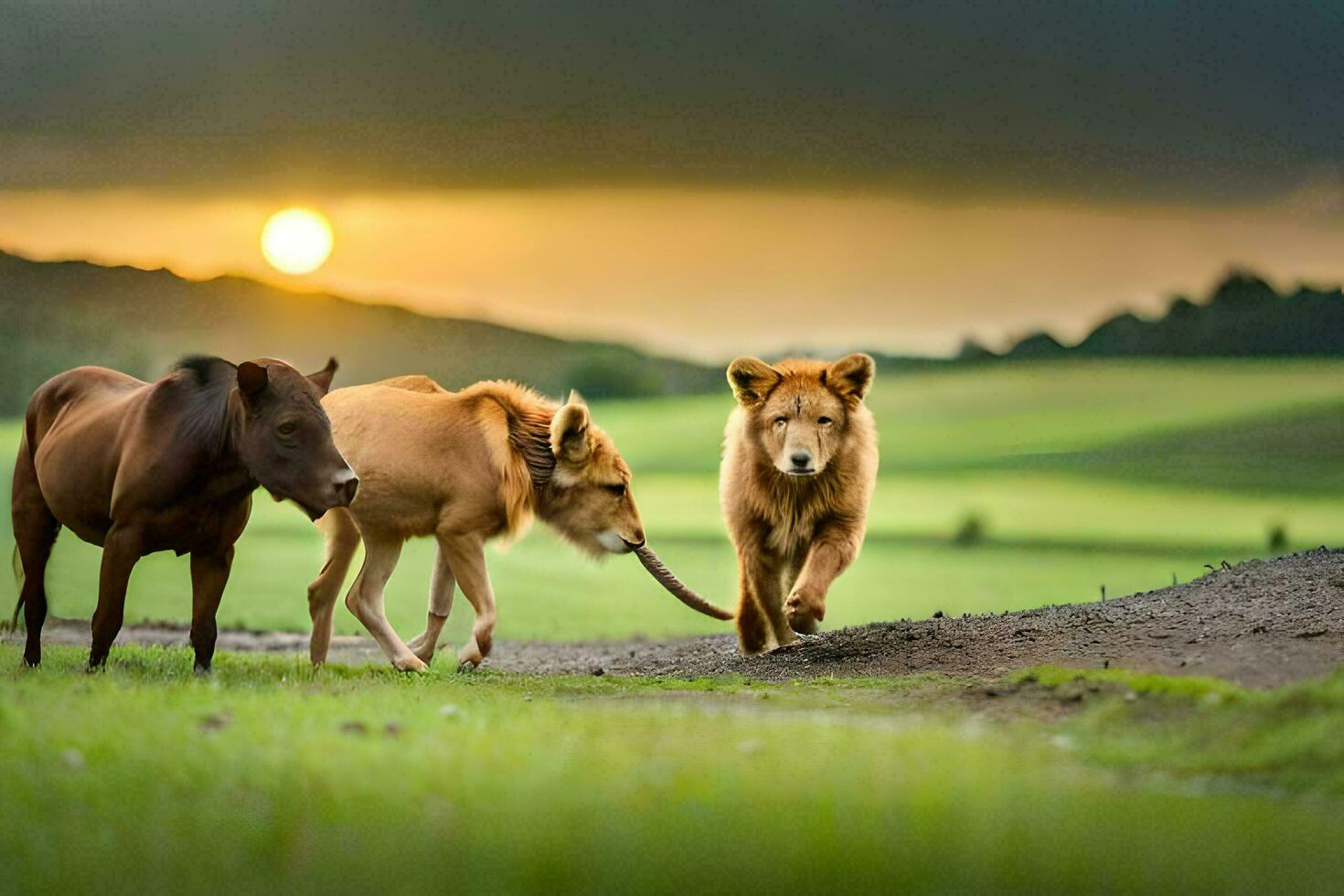 two horses and a dog walking in the field. AI-Generated photo
