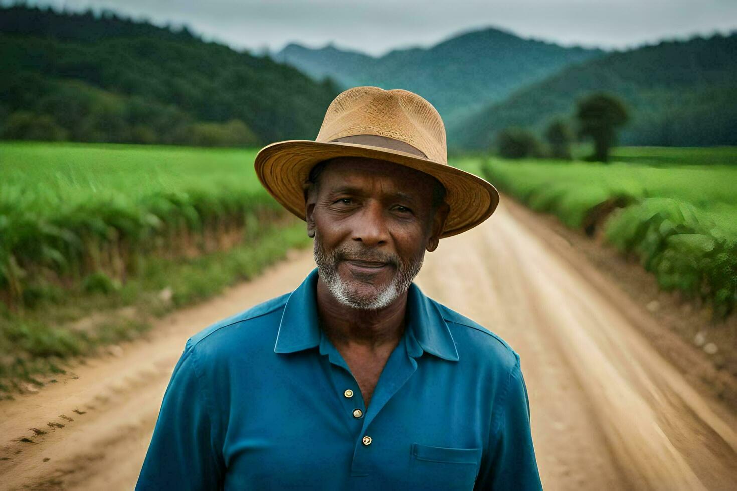 a man in a hat standing on a dirt road. AI-Generated photo