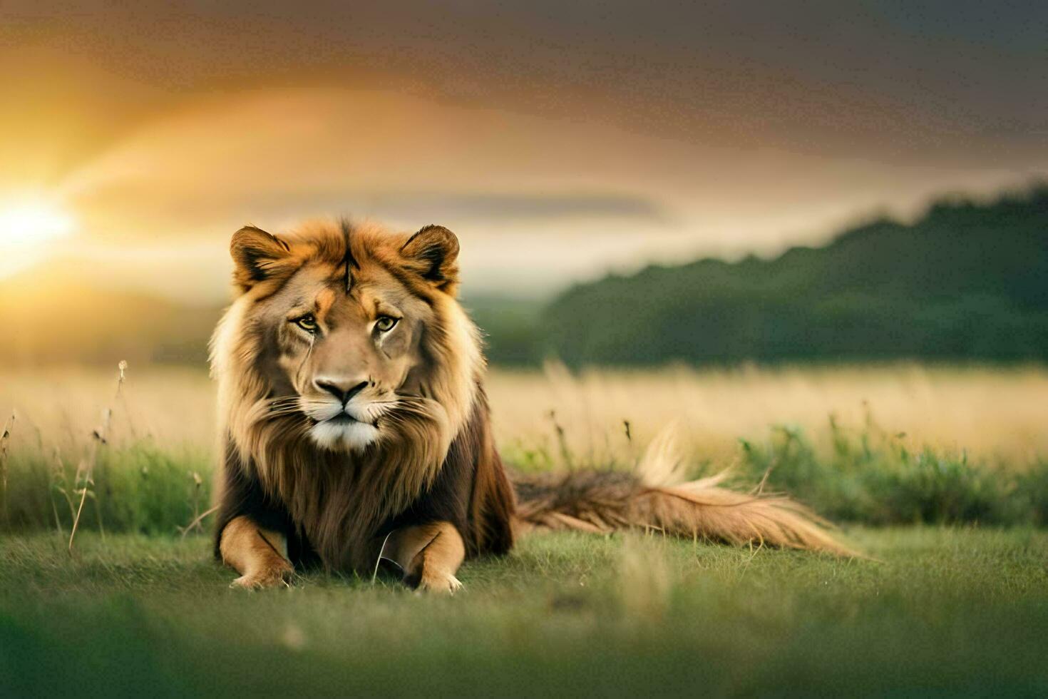 a lion is sitting in the grass at sunset. AI-Generated photo