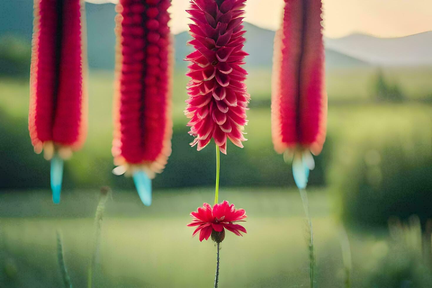 red flowers hanging from a string in the grass. AI-Generated photo