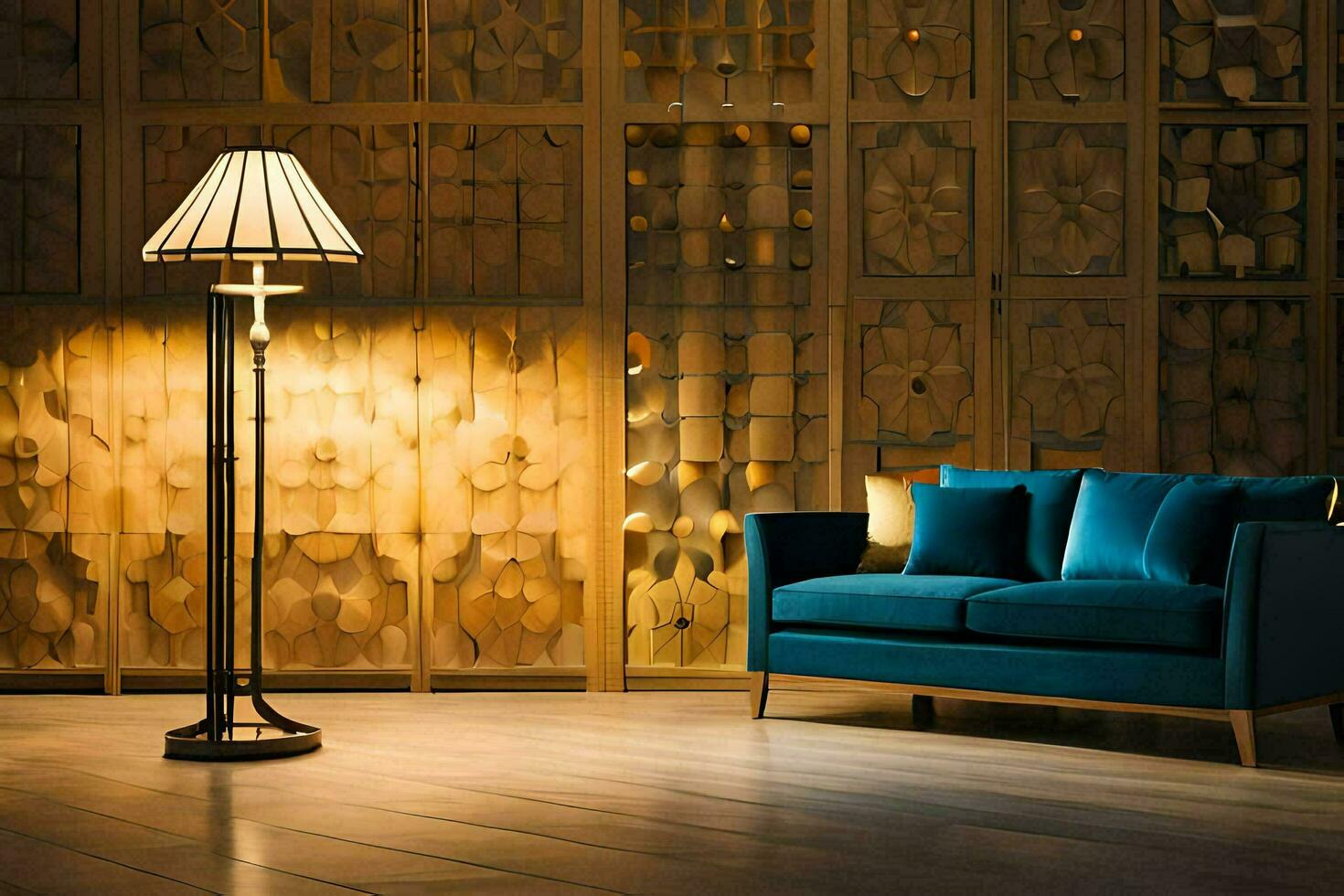 a blue couch and lamp in a room with wood paneling. AI-Generated photo