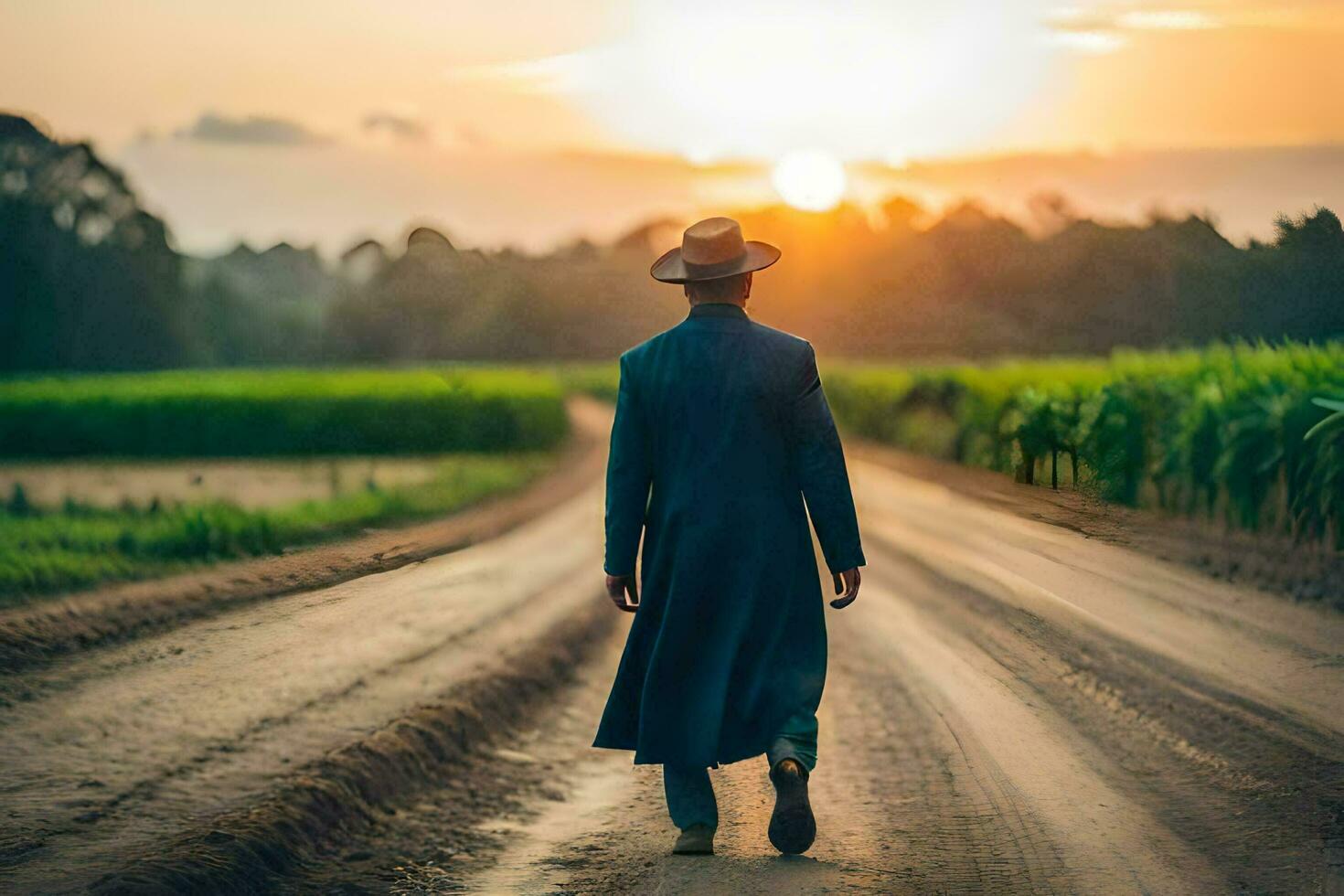 un hombre en un sombrero y Saco caminando abajo un suciedad la carretera. generado por ai foto