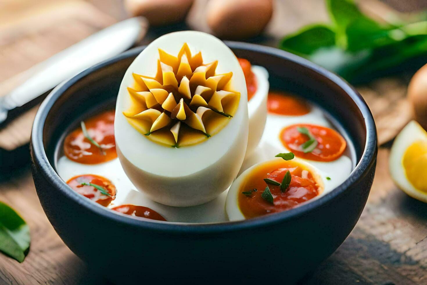 a bowl of eggs with a star shaped decoration. AI-Generated photo