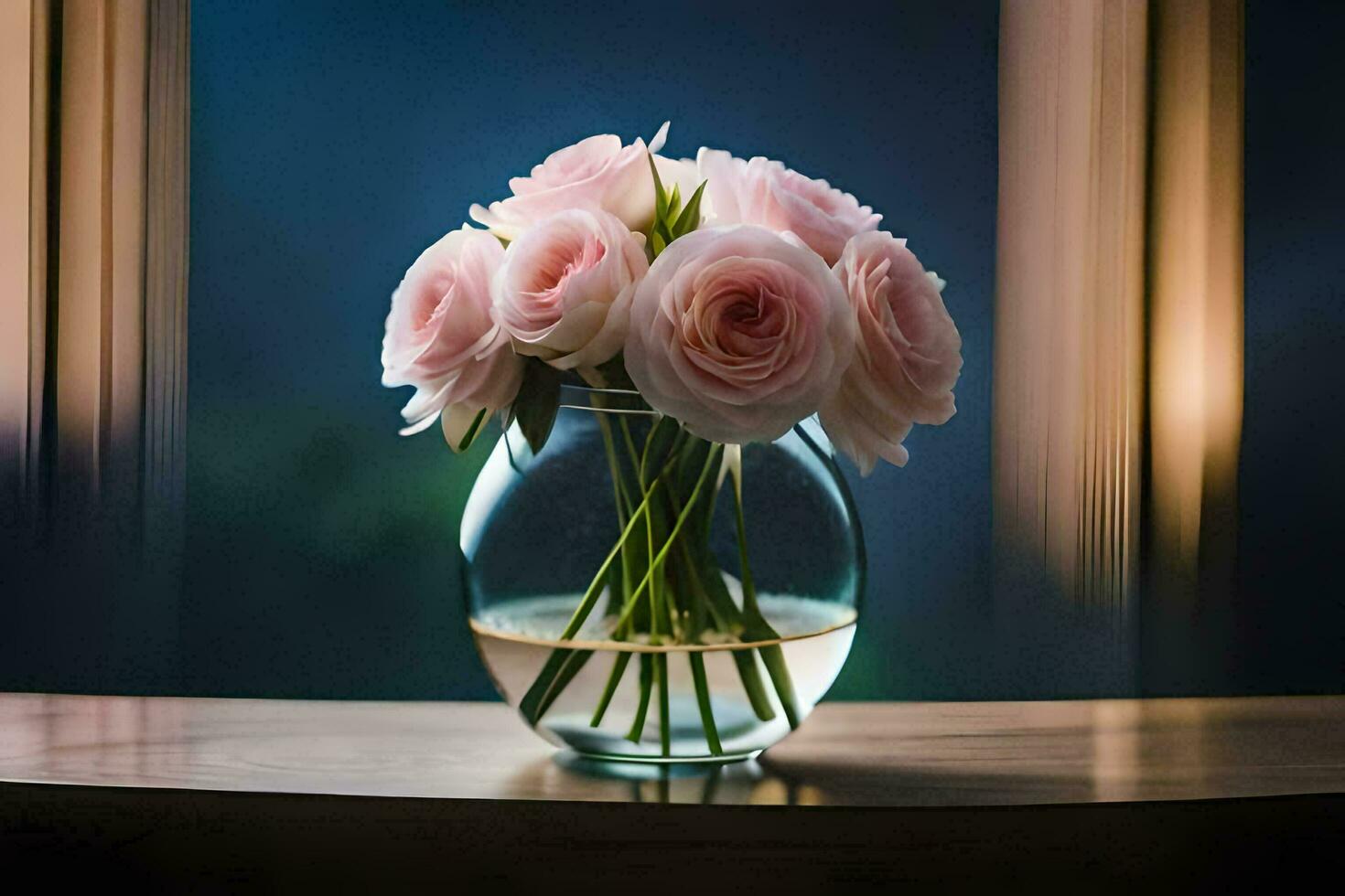 a vase of pink roses sitting on a table. AI-Generated photo
