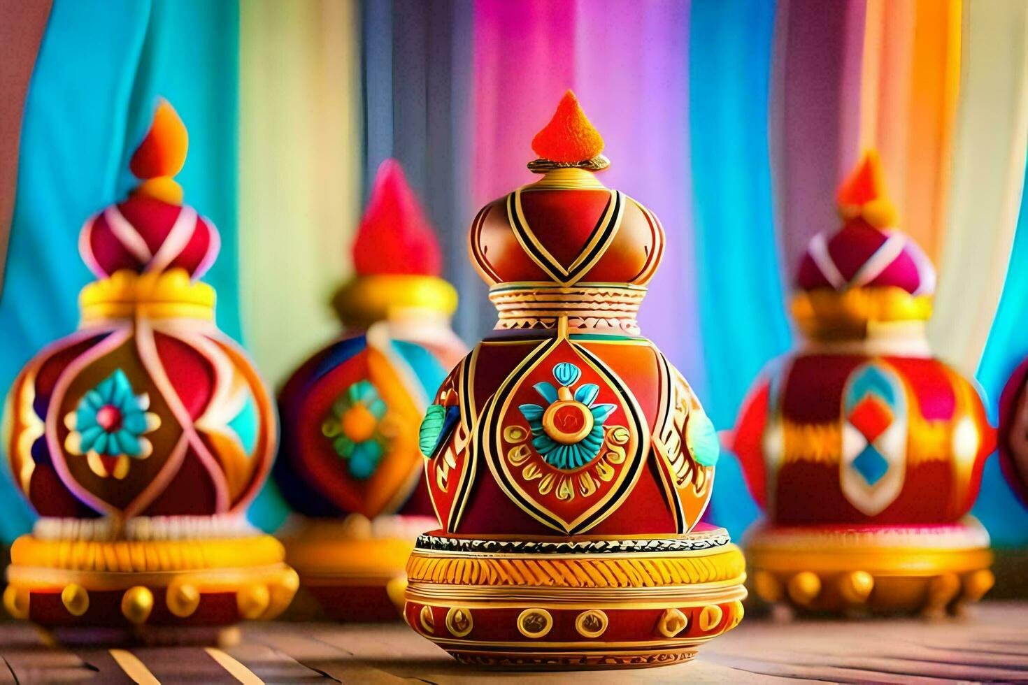 colorful diyas on a table with colorful curtains. AI-Generated photo