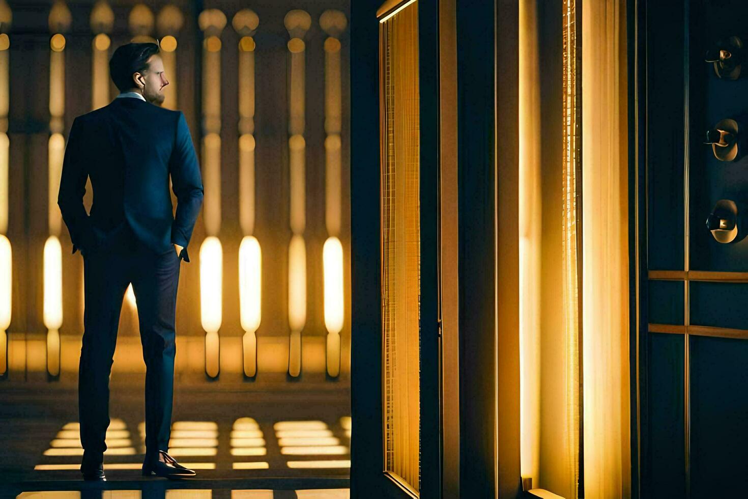 a man in a suit stands in front of a door. AI-Generated photo