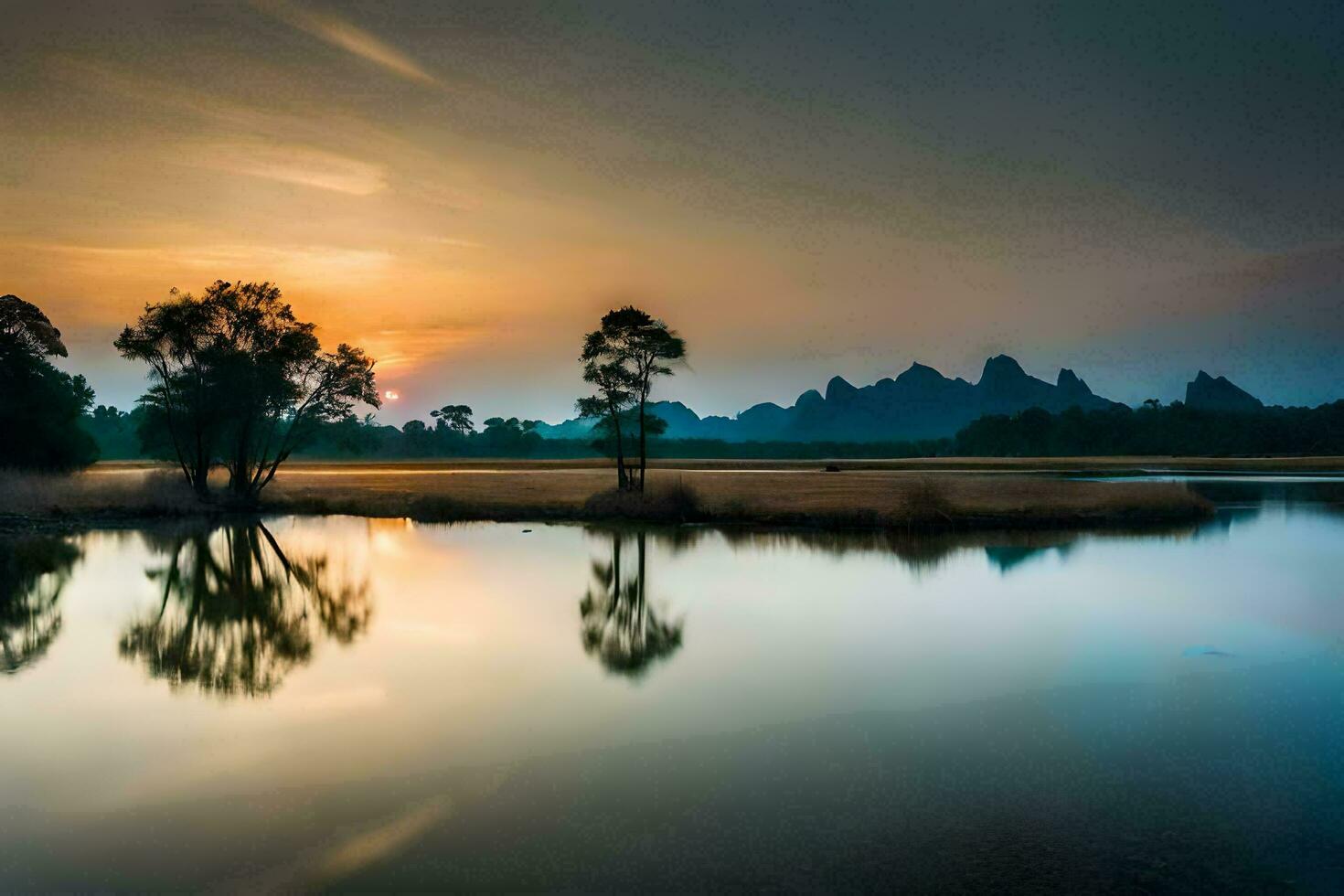 the sun sets over a lake and mountains in the background. AI-Generated photo