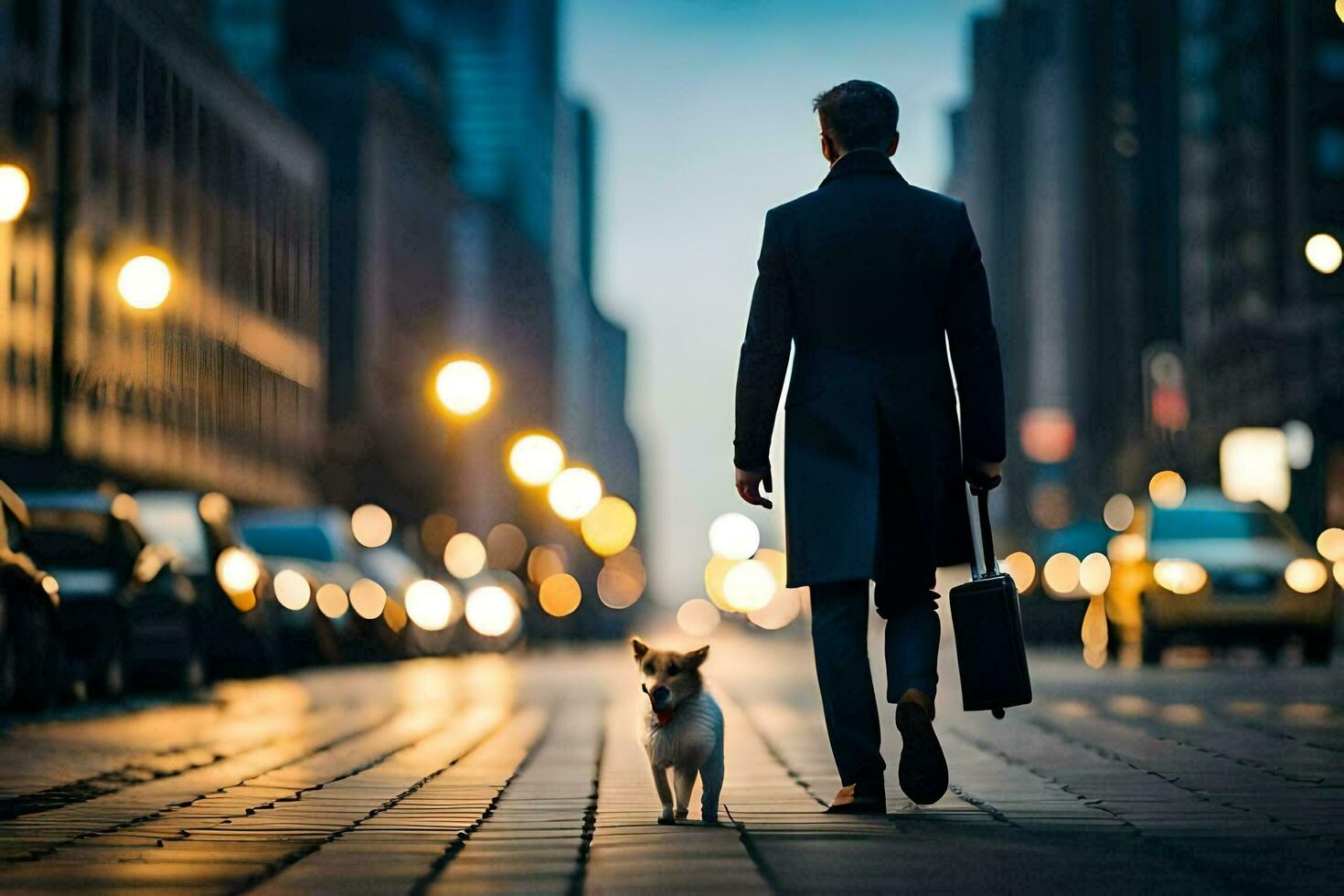 hombre caminando con perro en ciudad calle a noche. generado por ai foto