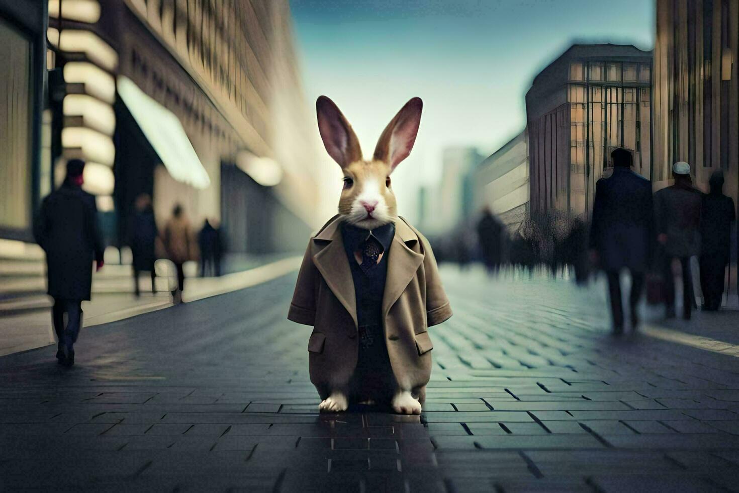 a rabbit wearing a suit and tie standing on a street. AI-Generated photo