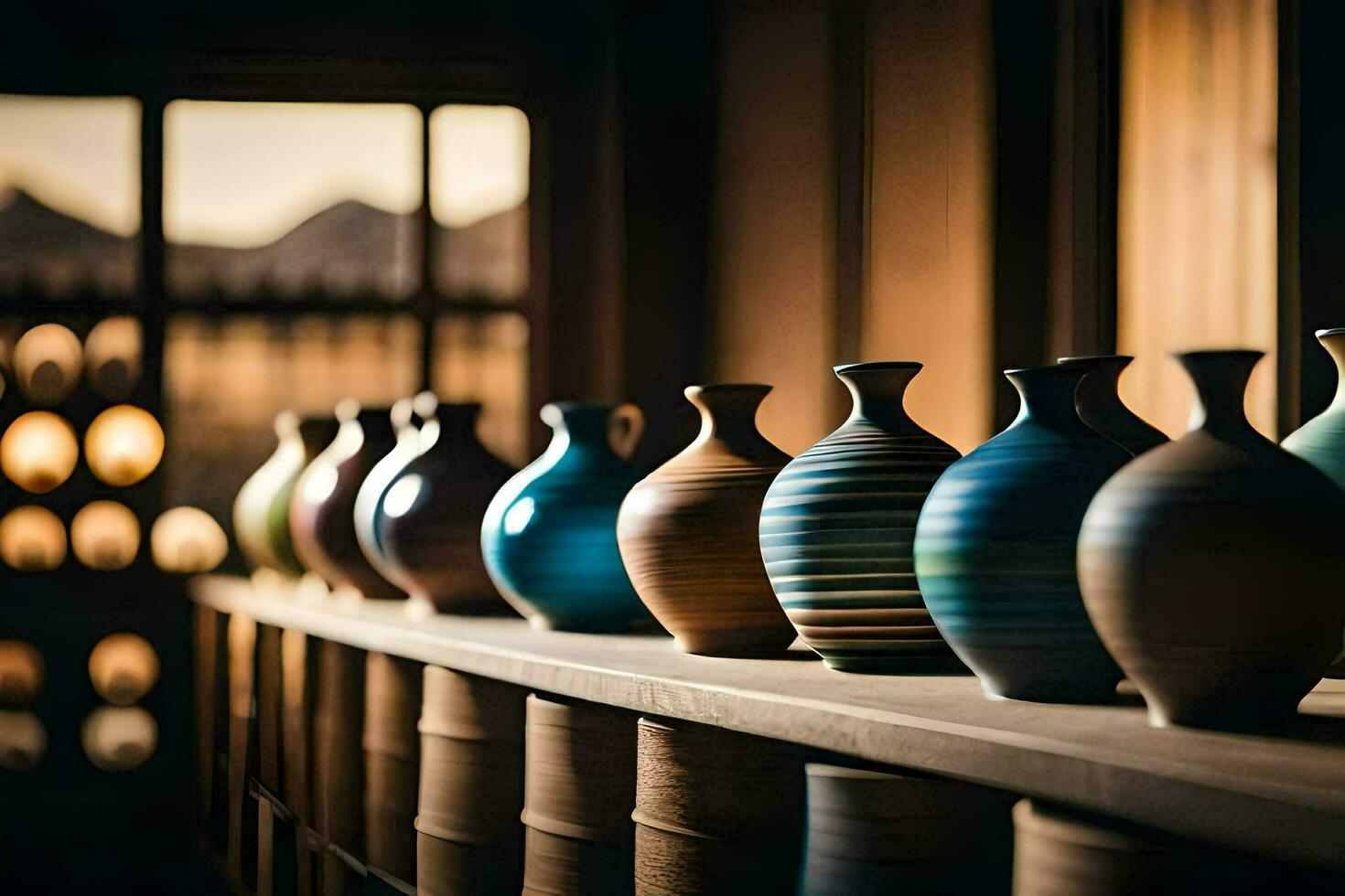 a row of vases lined up on a shelf. AI-Generated photo