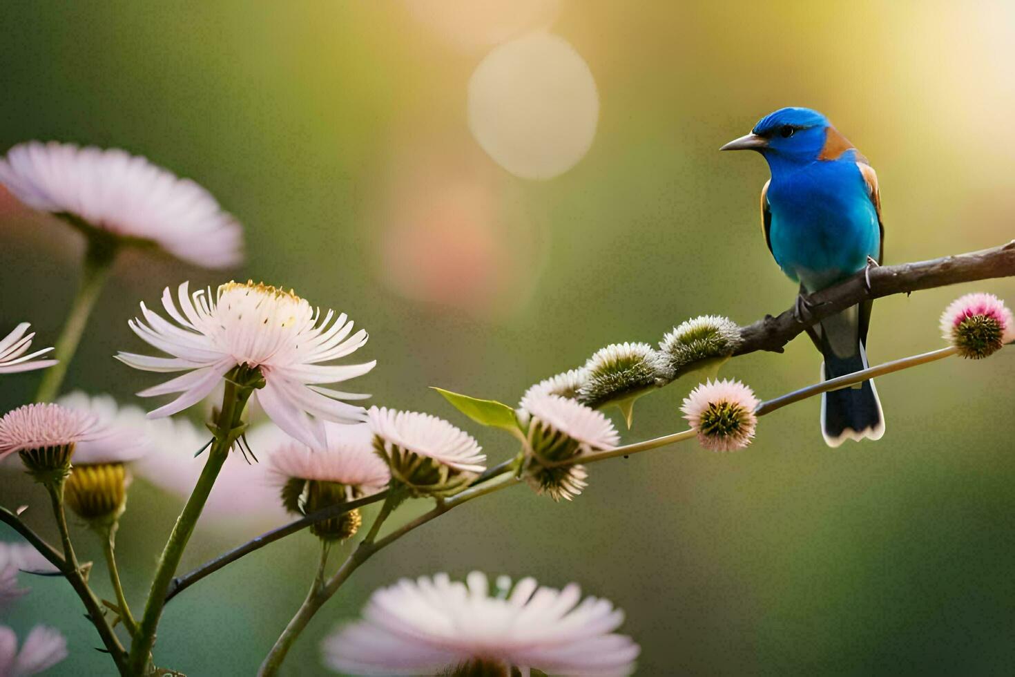 a blue bird sits on a branch with pink flowers. AI-Generated photo