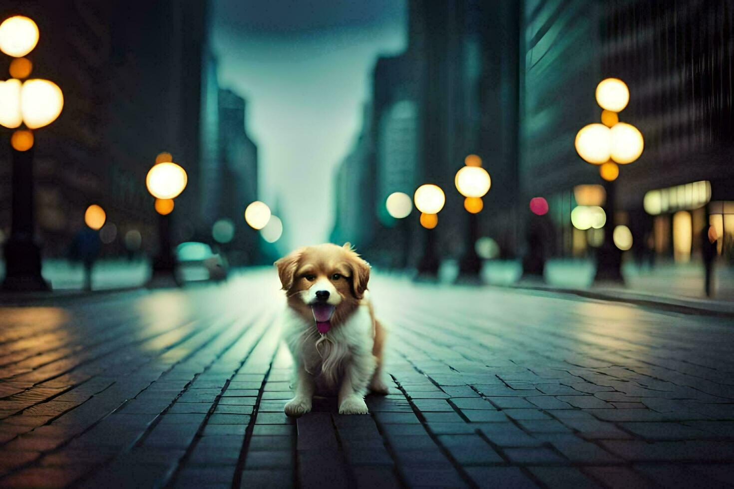 a dog is standing on a street in front of a city. AI-Generated photo