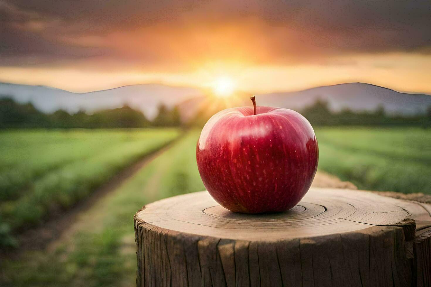 an apple sits on a stump in front of a sunset. AI-Generated photo