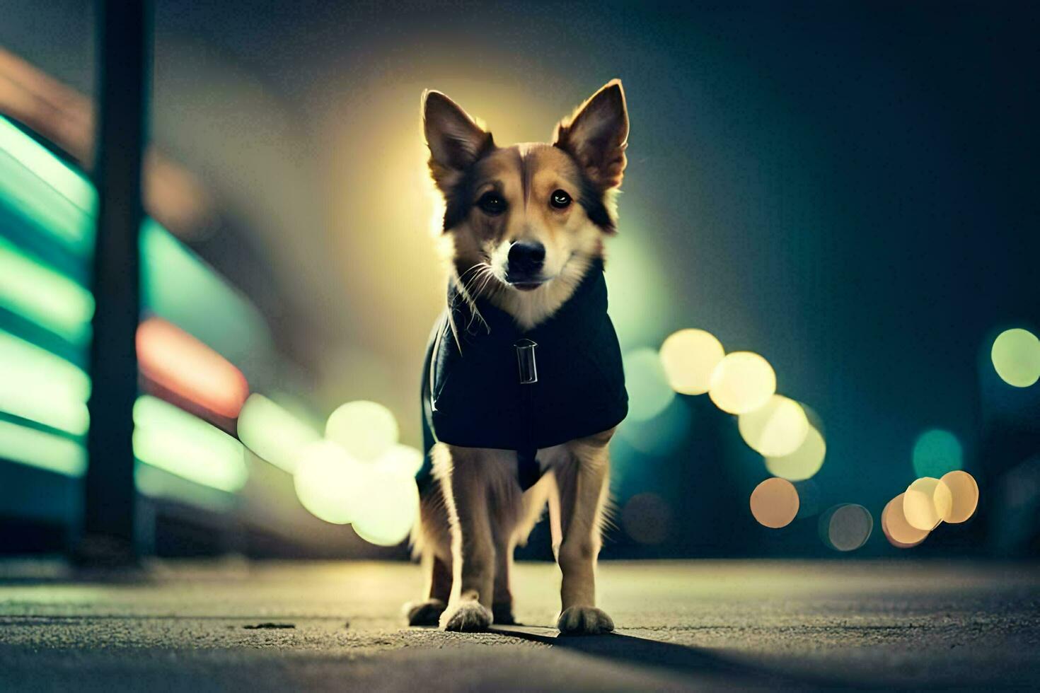 a dog wearing a jacket standing on a street at night. AI-Generated photo