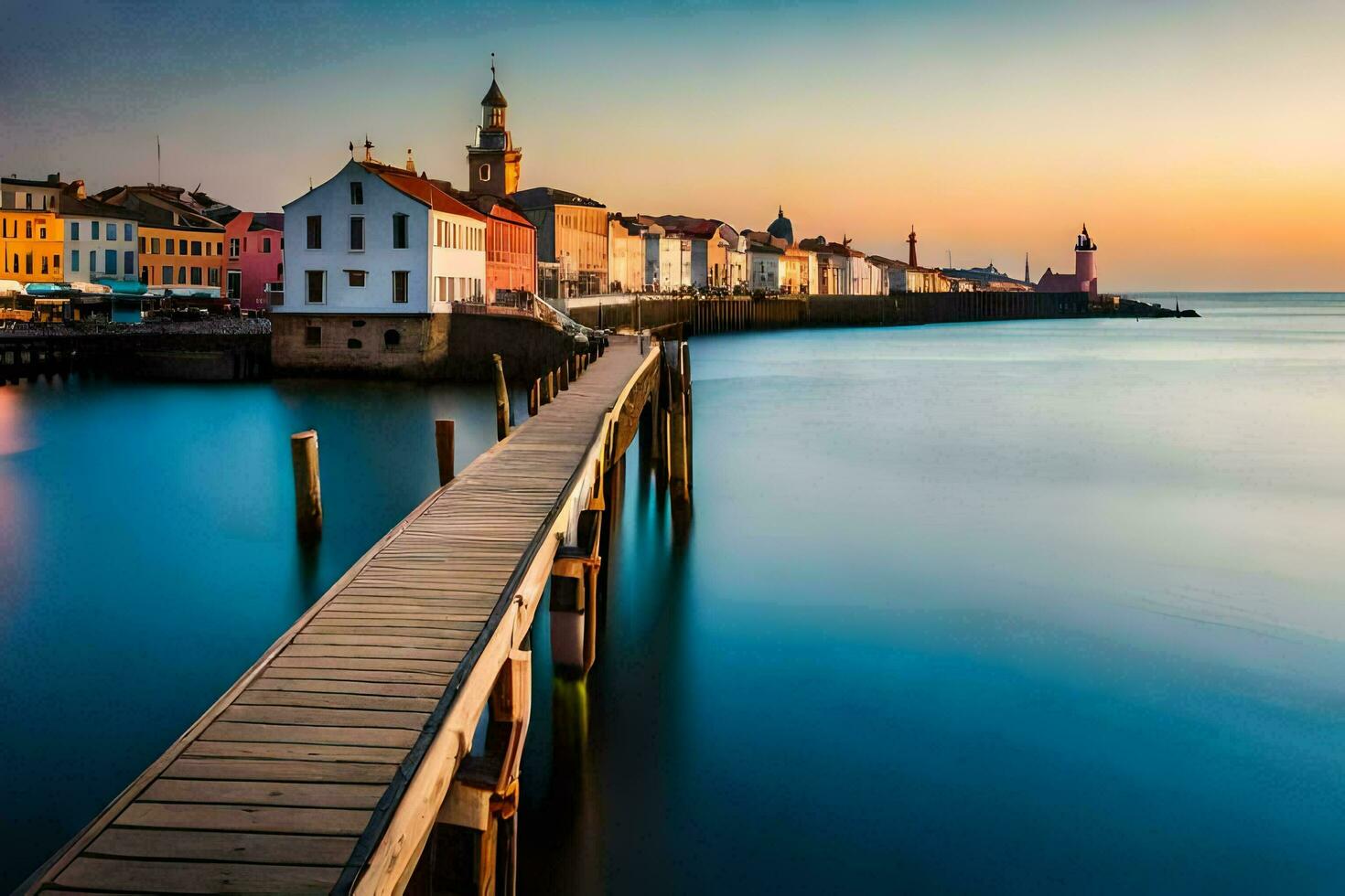 un muelle en el medio de un cuerpo de agua a puesta de sol. generado por ai foto