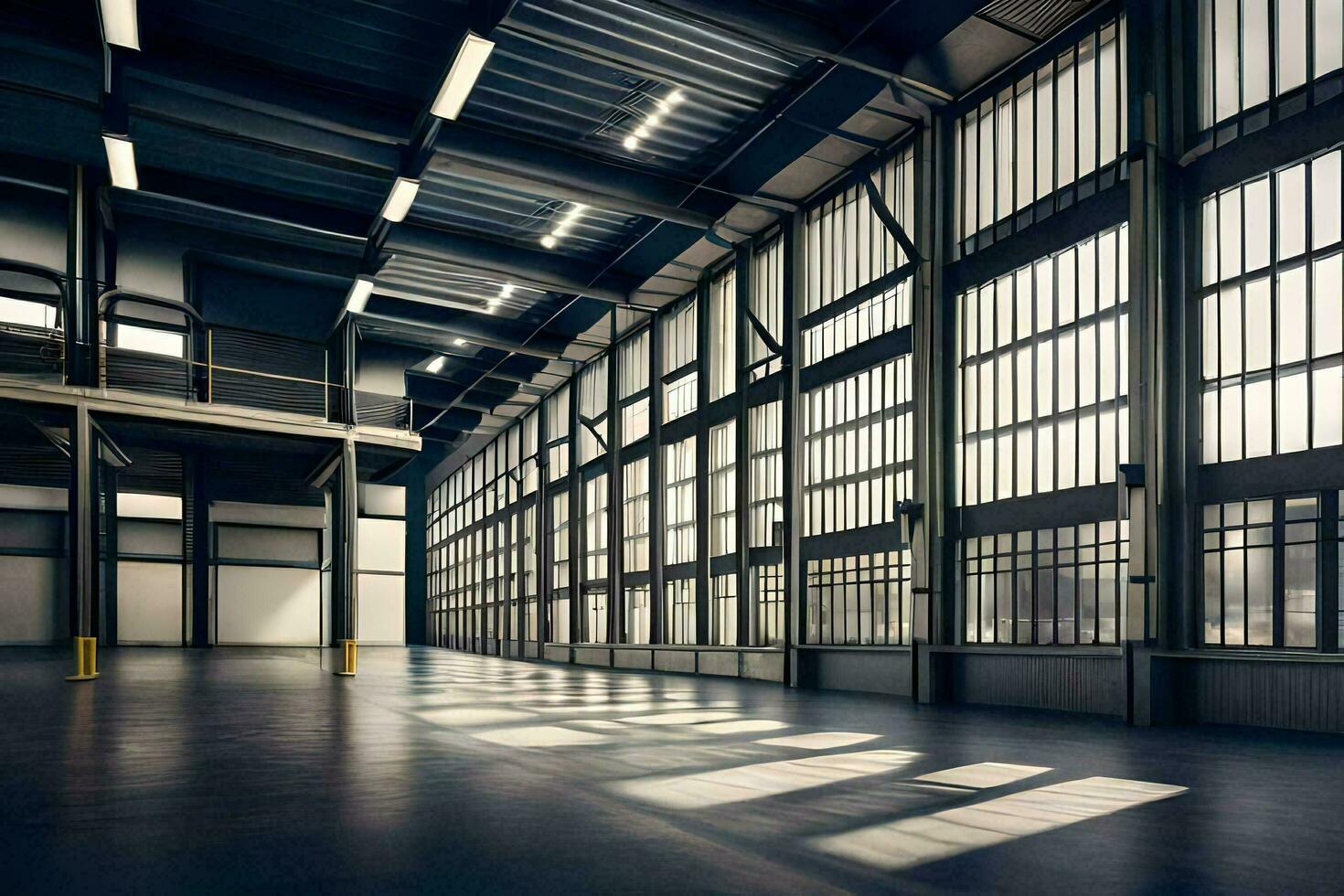 an empty warehouse with lots of windows. AI-Generated photo