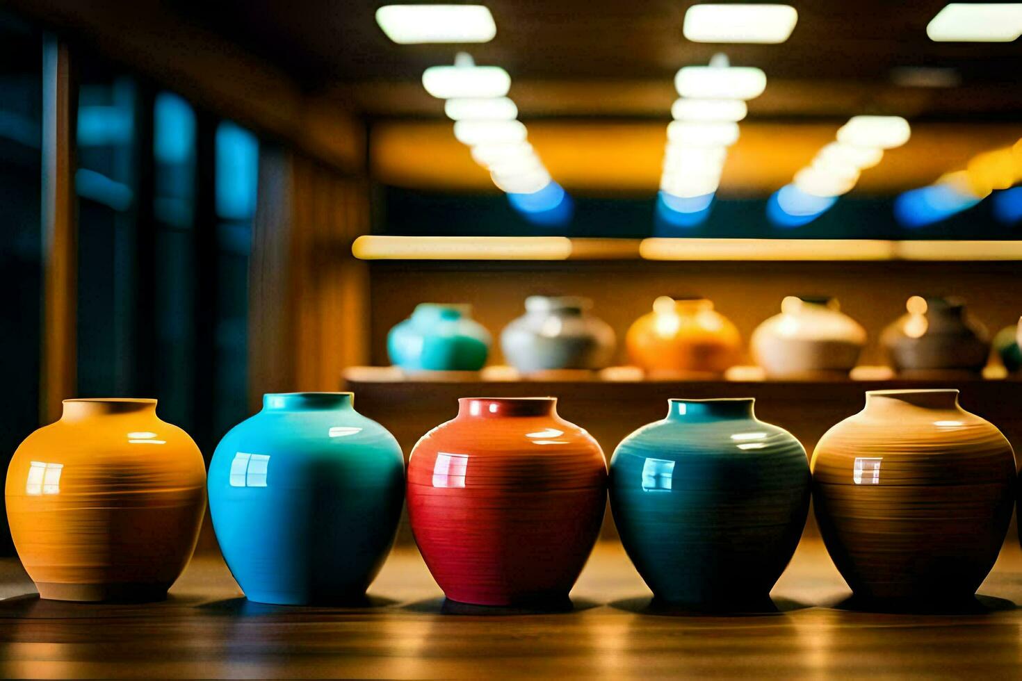 a row of colorful vases on a wooden table. AI-Generated photo