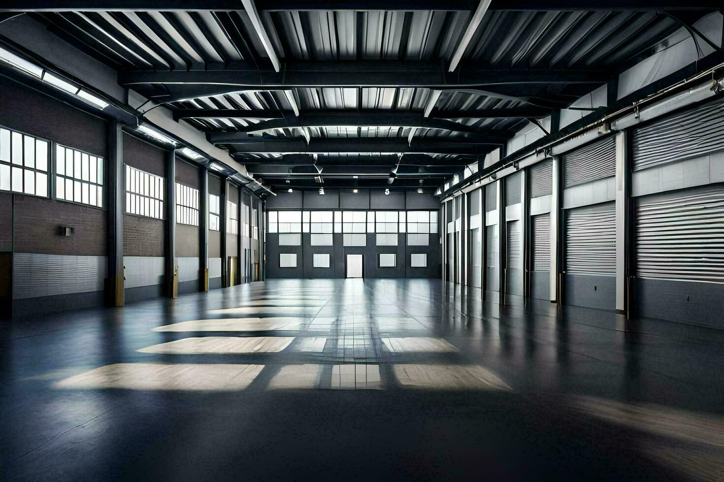an empty warehouse with large windows and a large door. AI-Generated photo