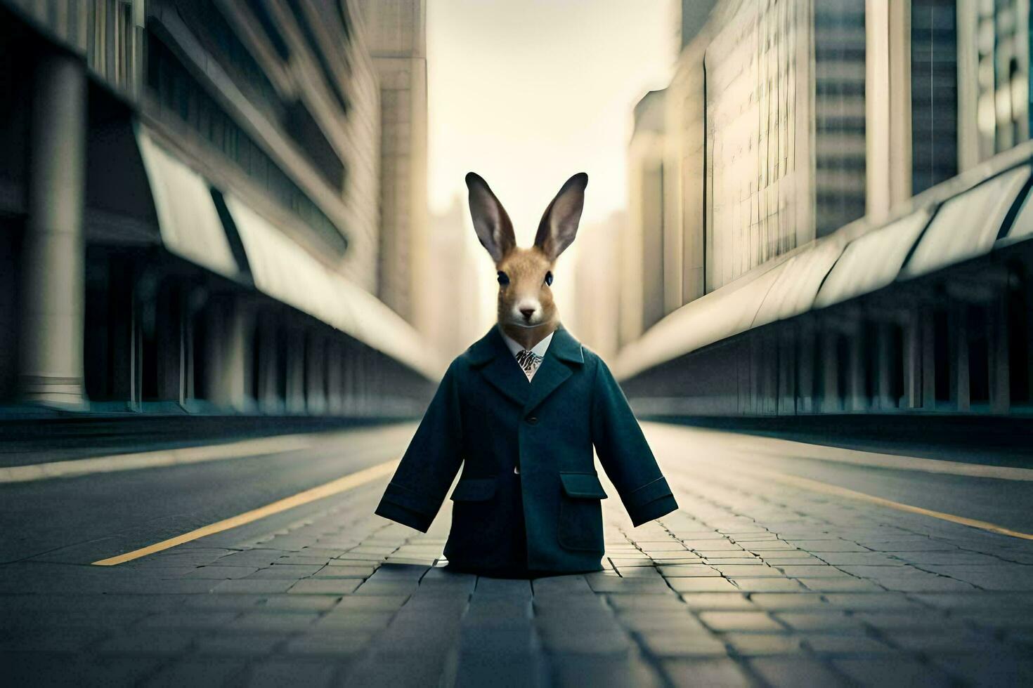 a rabbit wearing a suit and tie in the middle of a city street. AI-Generated photo