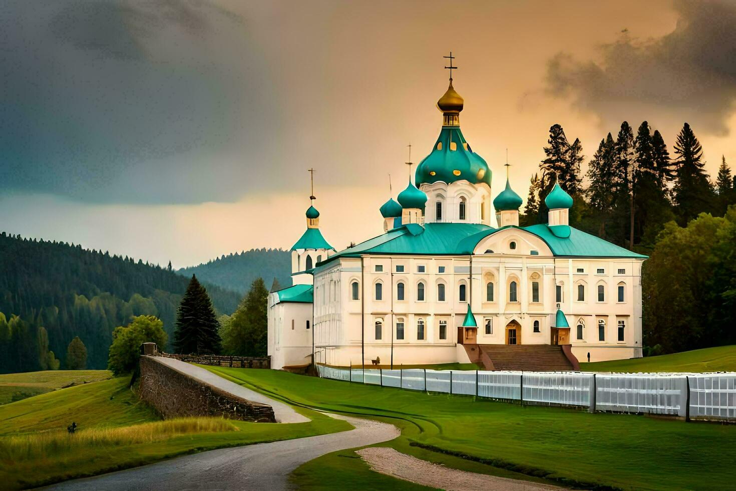 a church in the countryside with green domes. AI-Generated photo