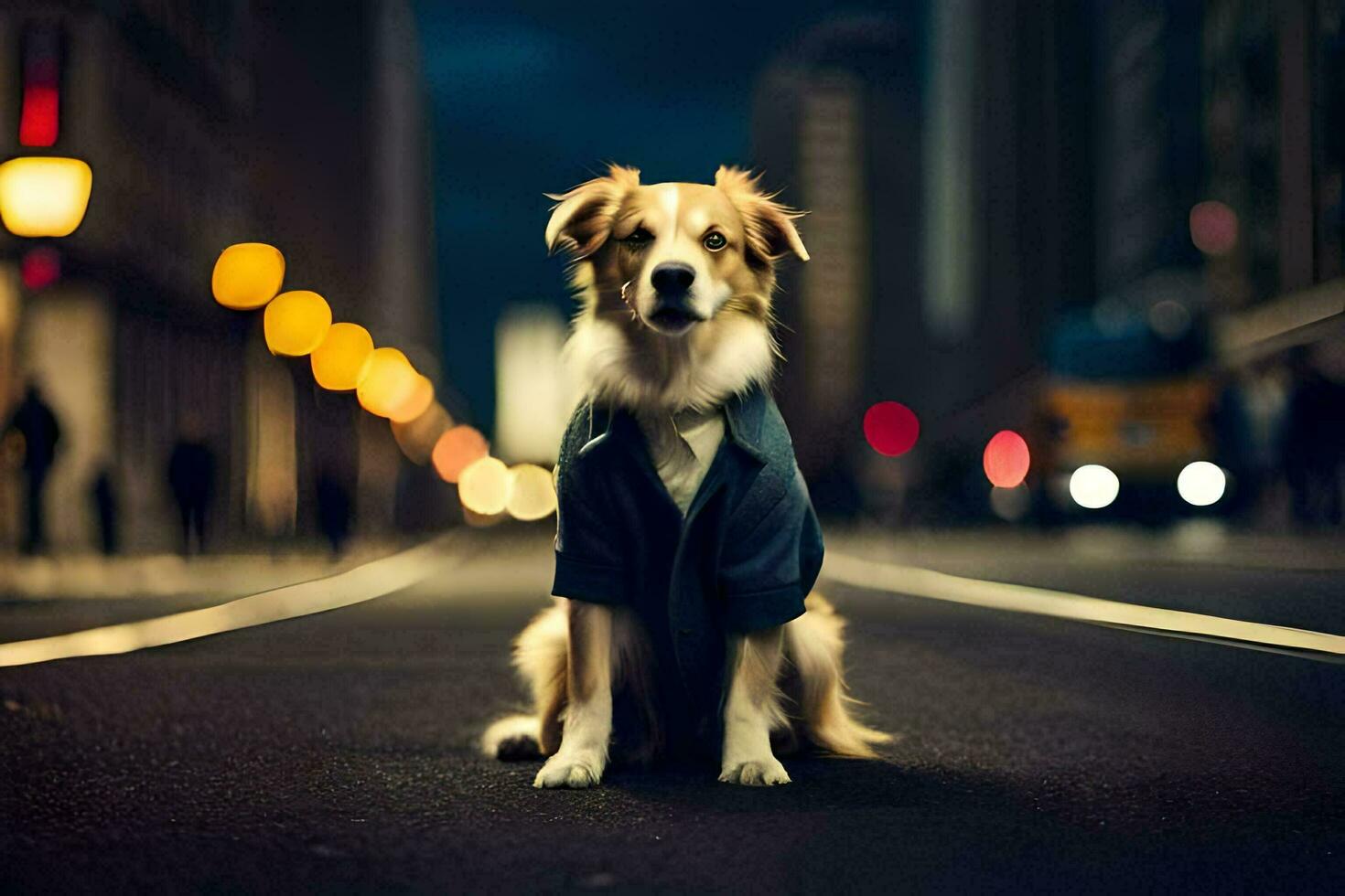 a dog wearing a jacket sits on the street at night. AI-Generated photo