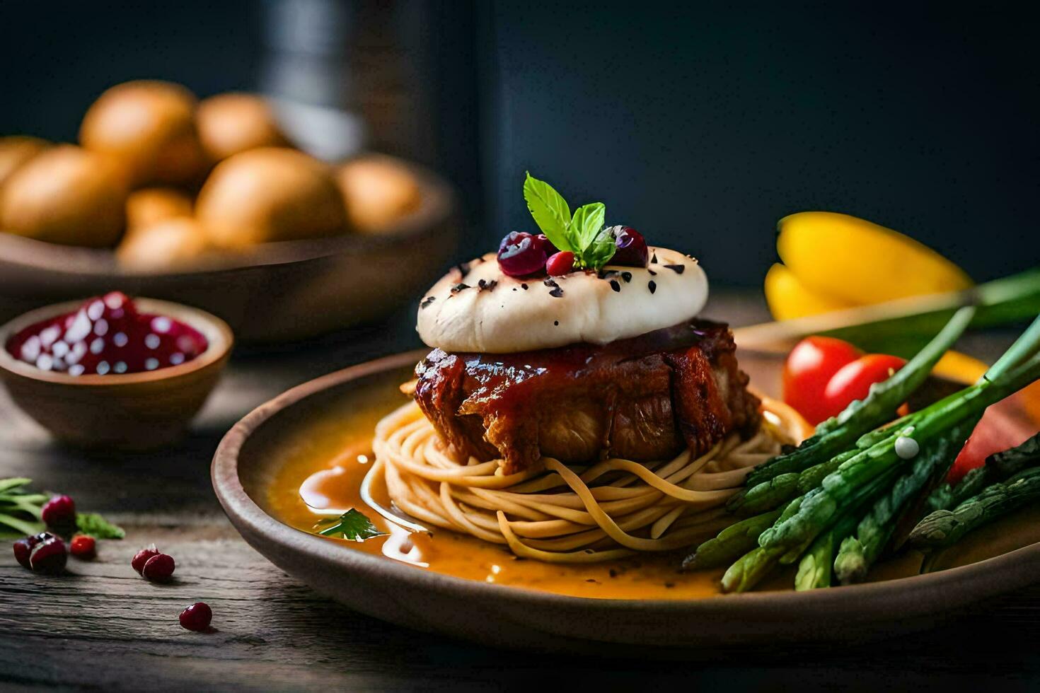 a plate with spaghetti, meat and vegetables on a wooden table. AI-Generated photo