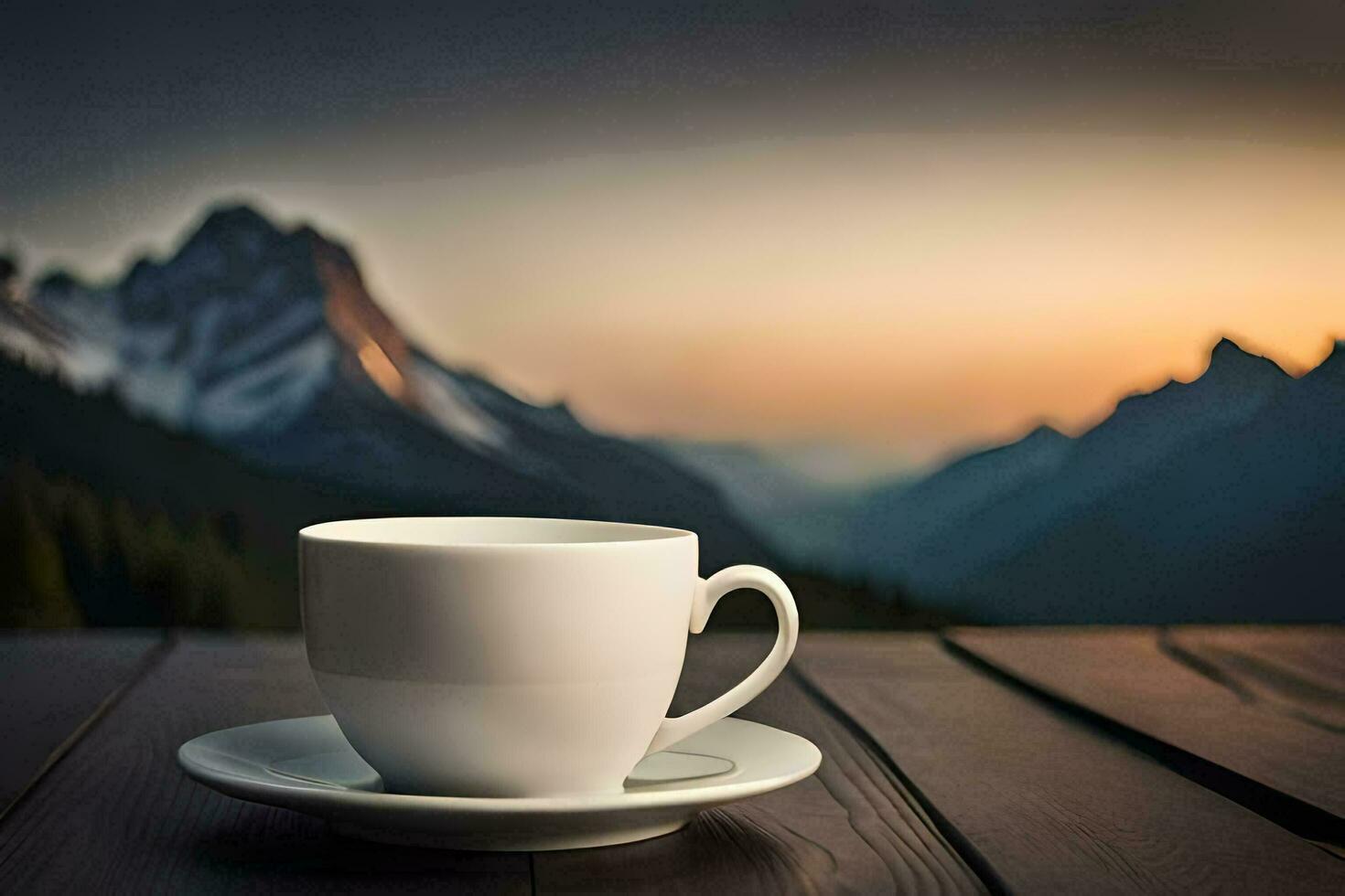 a cup of coffee on a wooden table in front of mountains. AI-Generated photo