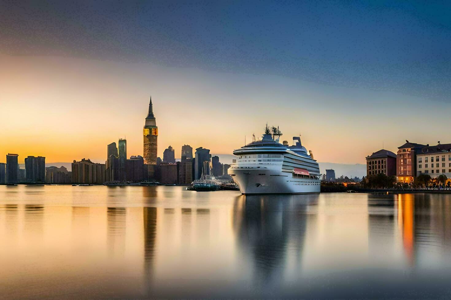 a cruise ship in the water with a city skyline in the background. AI-Generated photo
